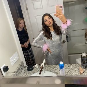 Silver Hoco Dress with Pink Feathered Sleeves